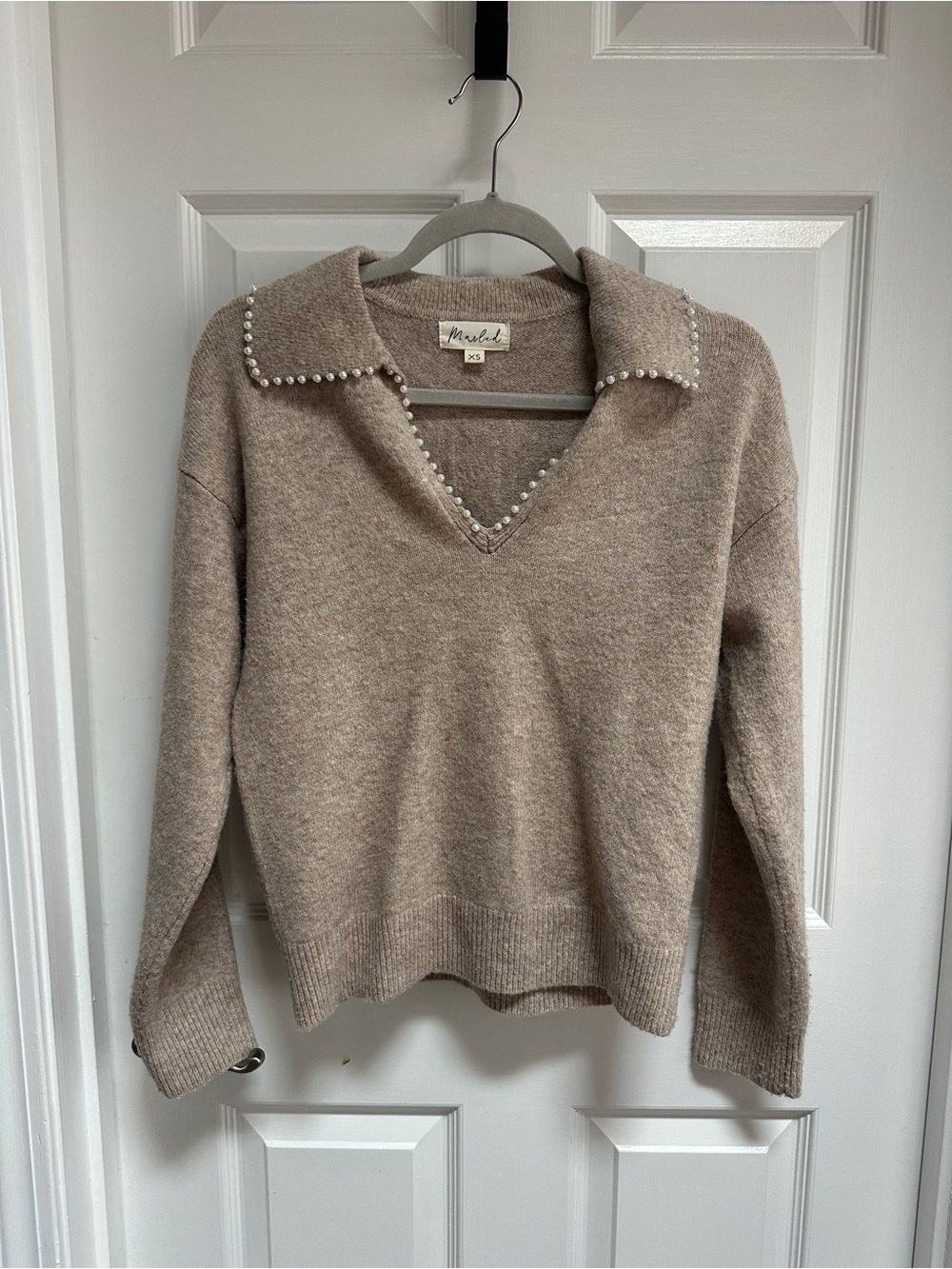 Taupe Pearl-Trim V-Neck Polo Sweater
